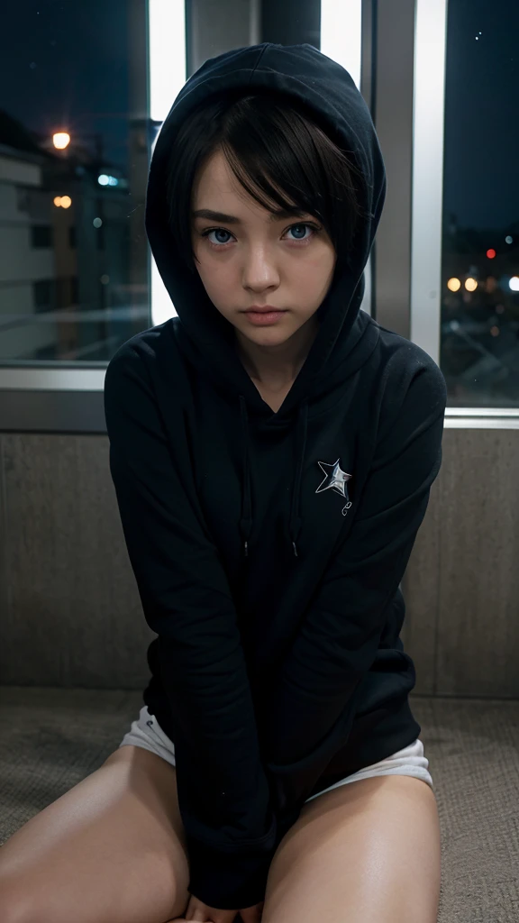 OshiNoko, Girl, blue eyes, short hair, Anime, black hoodie, stars, pout, hugging own legs, glaring at