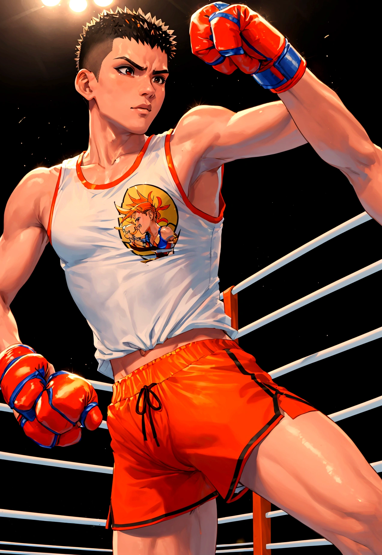 Spiky haired Mexican muay thai fighter wearing white tank top and orange muay thai short shorts 