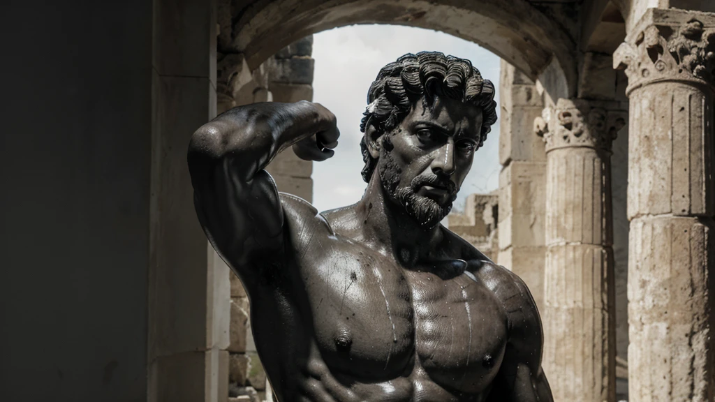 a portrait statue of the stoic Marcus Aurelius in black and white 4K, Super realistic ANCIENT GREEK RUINS, fully body, corpo stark, brawny, stark, wearing no shirt, tronco stark, stark, wearing no shirt, strong arms, 8K, ultra realisitic, cinematographic