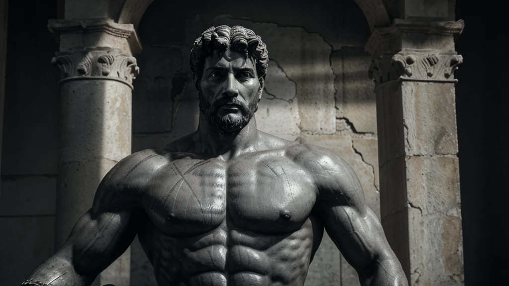 a portrait statue of the stoic Marcus Aurelius in black and white 4K, Super realistic ANCIENT GREEK RUINS, fully body, corpo stark, brawny, stark, wearing no shirt, tronco stark, stark, wearing no shirt, strong arms, 8K, ultra realisitic, cinematographic
