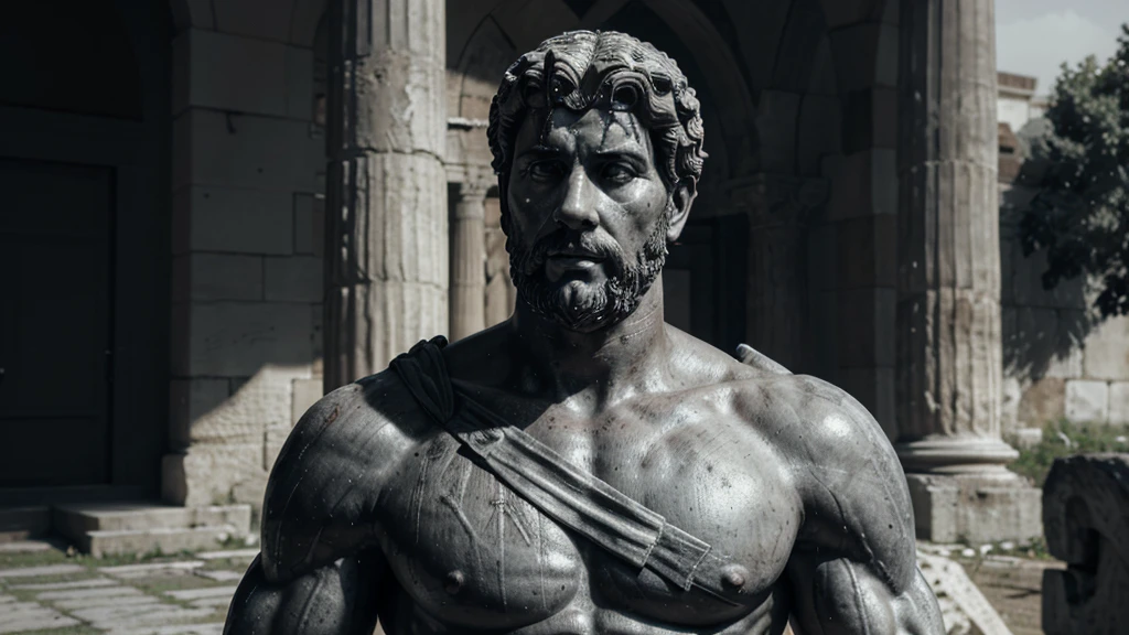 a portrait statue of the stoic Marcus Aurelius in black and white 4K, Super realistic ANCIENT GREEK RUINS, fully body, corpo stark, brawny, stark, wearing no shirt, tronco stark, stark, wearing no shirt, strong arms, 8K, ultra realisitic, cinematographic