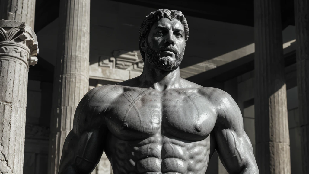 a portrait statue of the stoic Marcus Aurelius in black and white 4K, Super realistic ANCIENT GREEK RUINS, fully body, corpo stark, brawny, stark, wearing no shirt, tronco stark, stark, wearing no shirt, strong arms, 8K, ultra realisitic, cinematographic