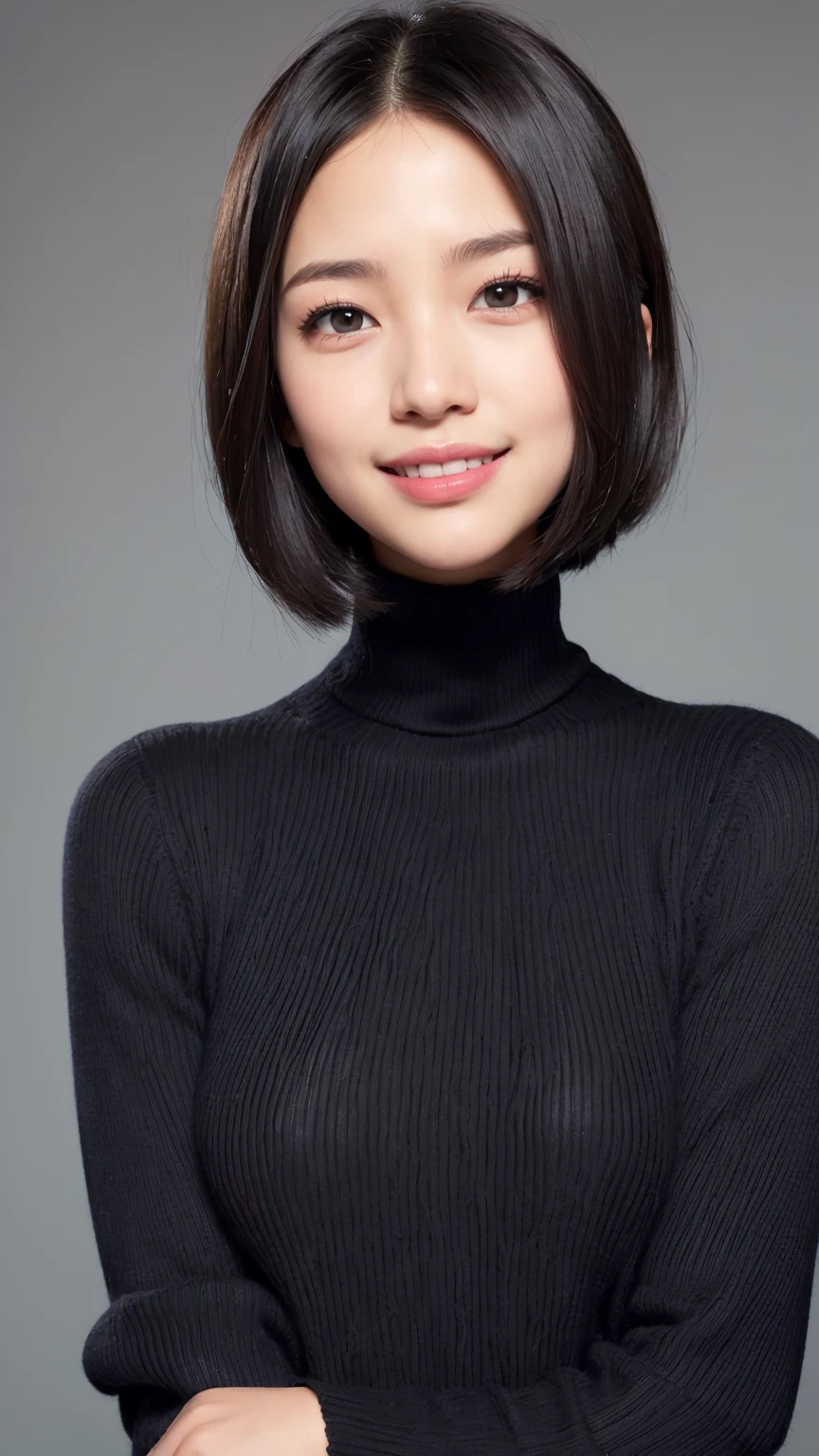 (masterpiece, Highest quality, Highest quality, High resolution, Realistic:1.2), Gray blank background, (Bright lighting, Professional Lighting), One Woman, Realistic Skin, Fine skin, Beautiful Skin, expensive, (Black Hair, Short Bob Cut, middle part), (Eyelash extensions, Fine grain, Iris, Carefully drawn eyes, View your viewers, cute, Grin:1.2), (Lean upper body, Muscular body:1.2), (Thick black turtleneck sweater:1.3), A kind smile, Small teeth visible, Upper Body Shot