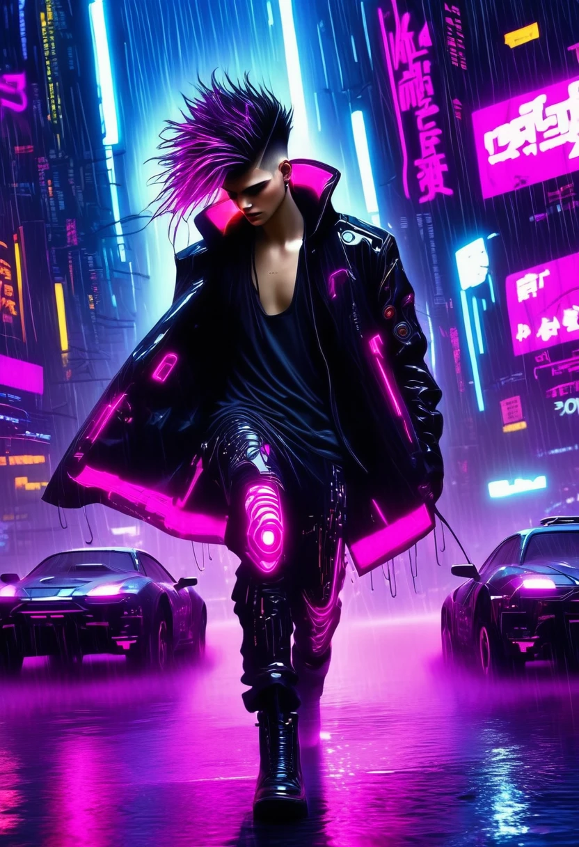 (Masterpiece, Best Quality, high resolution, 32k drive wallpaper, Extremely detailed CG:1), (weak illustration on stage:1.0), ((****ung handsome cyberpunk:1.5 dancing in the rain:1.7 )),(( cyberpunk night city:1.4)), neon signs futuristic cars,dark place rain, ((wet clothes magenta neon lights perfectly illuminating the young man:1.45) . 32k