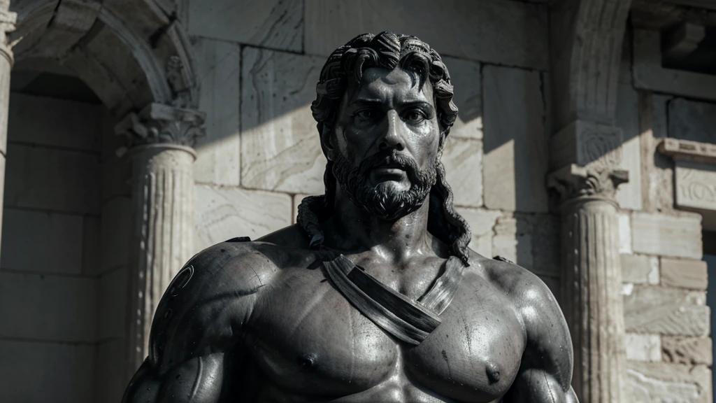 a portrait statue of the stoic Marcus Aurelius in black and white 4K, Super realistic ANCIENT GREEK RUINS, fully body, corpo stark, brawny, stark, wearing no shirt, tronco stark, stark, wearing no shirt, strong arms, 8K, ultra realisitic, cinematographic