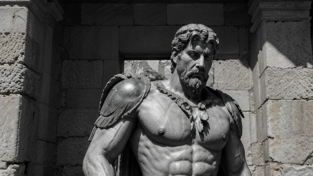 a portrait statue of the stoic Marcus Aurelius in black and white 4K, Super realistic ANCIENT GREEK RUINS, fully body, corpo stark, brawny, stark, wearing no shirt, tronco stark, stark, wearing no shirt, strong arms, 8K, ultra realisitic, cinematographic
