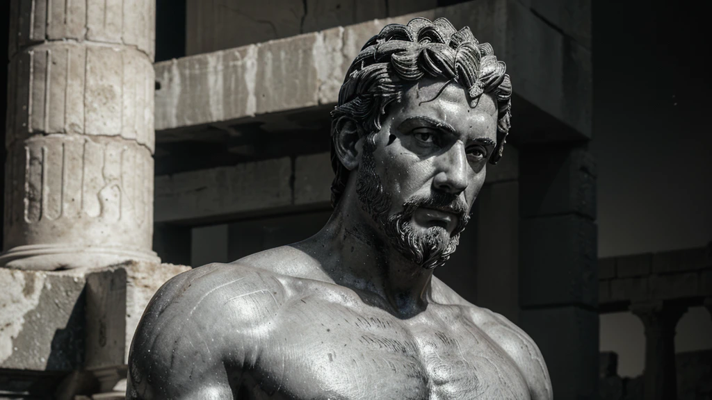 a portrait statue of the stoic Marcus Aurelius in black and white 4K, Super realistic ANCIENT GREEK RUINS, fully body, corpo stark, brawny, stark, wearing no shirt, tronco stark, stark, wearing no shirt, strong arms, 8K, ultra realisitic, cinematographic
