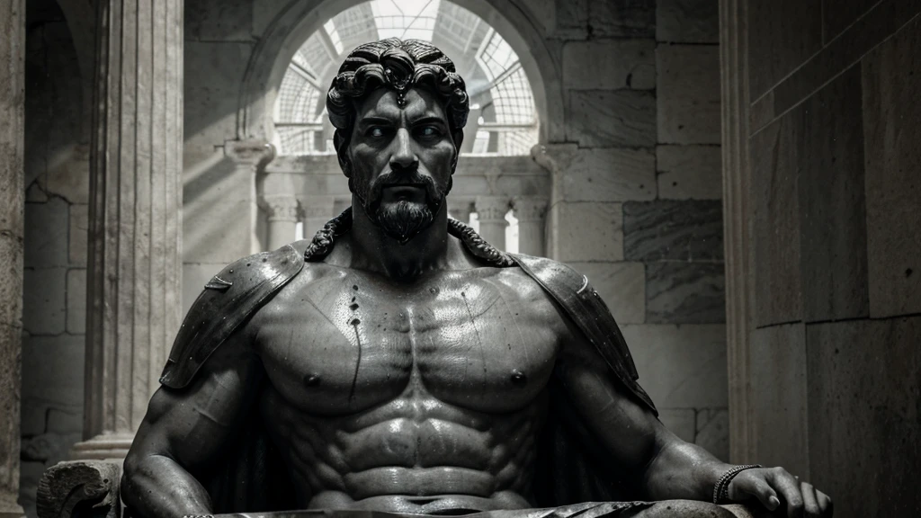 a portrait statue of the stoic Marcus Aurelius in black and white 4K, Super realistic ANCIENT GREEK RUINS, fully body, corpo stark, brawny, stark, wearing no shirt, tronco stark, stark, wearing no shirt, strong arms, 8K, ultra realisitic, cinematographic
