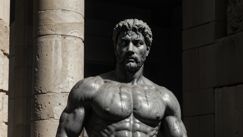 a portrait statue of the stoic Marcus Aurelius in black and white 4K, Super realistic ANCIENT GREEK RUINS, fully body, corpo stark, brawny, stark, wearing no shirt, tronco stark, stark, wearing no shirt, strong arms, 8K, ultra realisitic, cinematographic