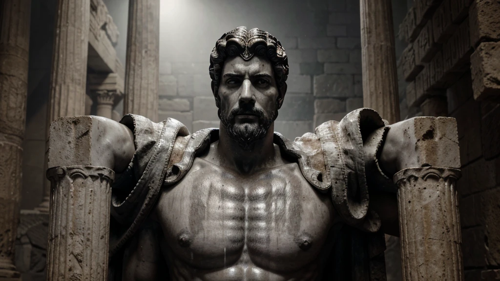 a portrait statue of the stoic Marcus Aurelius in black and white 4K, Super realistic ANCIENT GREEK RUINS, fully body, corpo stark, brawny, stark, wearing no shirt, tronco stark, stark, wearing no shirt, strong arms, 8K, ultra realisitic, cinematographic