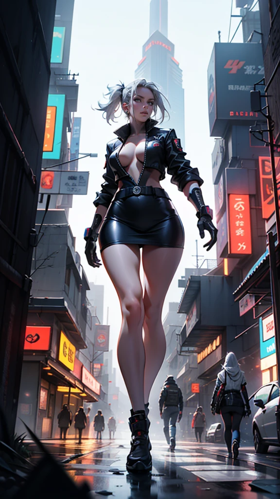 high qualiy, awardwinning, high resolution, 8K, 28 year old woman looking at the background, cyberpunk fantasy city, mysterious face, just draw a tower in the background, The woman is with her legs open, The woman'breasts are too large, big, straight white hair, hero pose, wearing a big futuristic dress in black with white details and blue lights, really huge breasts, masterpiece, big breasts highlighted, extra large breasts, big pussy, big clitoris, close up of face and breasts, defiant and serious look