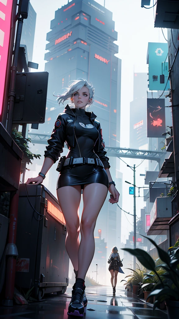 high qualiy, awardwinning, high resolution, 8K, 28 year old woman looking at the background, cyberpunk fantasy city, mysterious face, just draw a tower in the background, The woman is with her legs open, The woman&#39;breasts are too large, big, straight white hair, hero pose, wearing a big futuristic dress in black with white details and blue lights, really huge breasts, ​masterpiece, big breasts highlighted, extra large breasts, big pussy, big clitoris, close up of face and breasts, defiant and serious look 