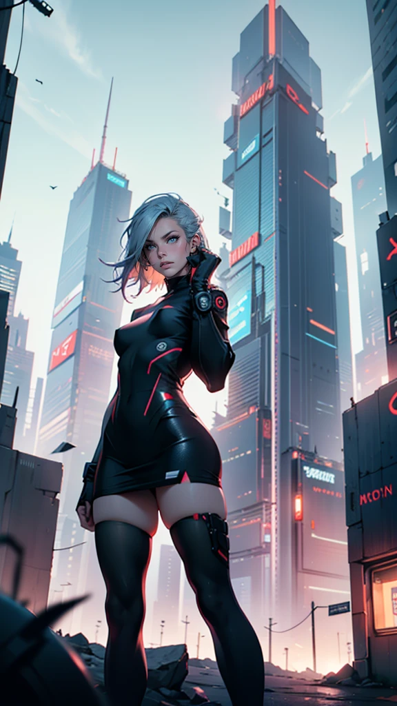 high qualiy, awardwinning, high resolution, 8K, 28 year old woman looking at the background, cyberpunk fantasy city, mysterious face, just draw a tower in the background, The woman is with her legs open, The woman&#39;breasts are too large, big, straight white hair, hero pose, wearing a big futuristic dress in black with white details and blue lights, really huge breasts, ​masterpiece, big breasts highlighted, extra large breasts, big pussy, big clitoris, close up of face and breasts, defiant and serious look 