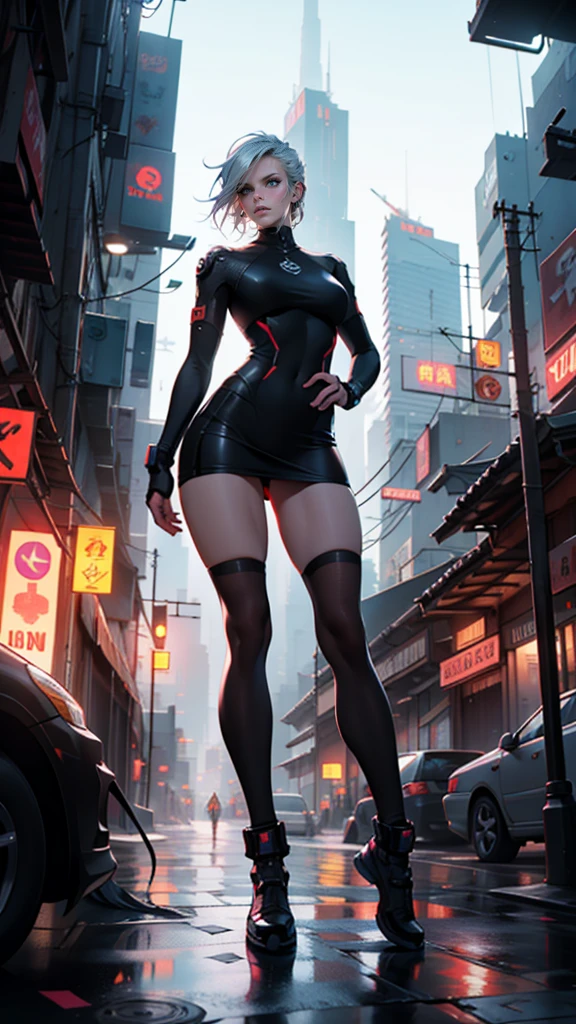 high qualiy, awardwinning, high resolution, 8K, 28 year old woman looking at the background, cyberpunk fantasy city, mysterious face, just draw a tower in the background, The woman is with her legs open, The woman&#39;breasts are too large, big, straight white hair, hero pose, wearing a big futuristic dress in black with white details and blue lights, really huge breasts, ​masterpiece, big breasts highlighted, extra large breasts, big pussy, big clitoris, close up of face and breasts, defiant and serious look 