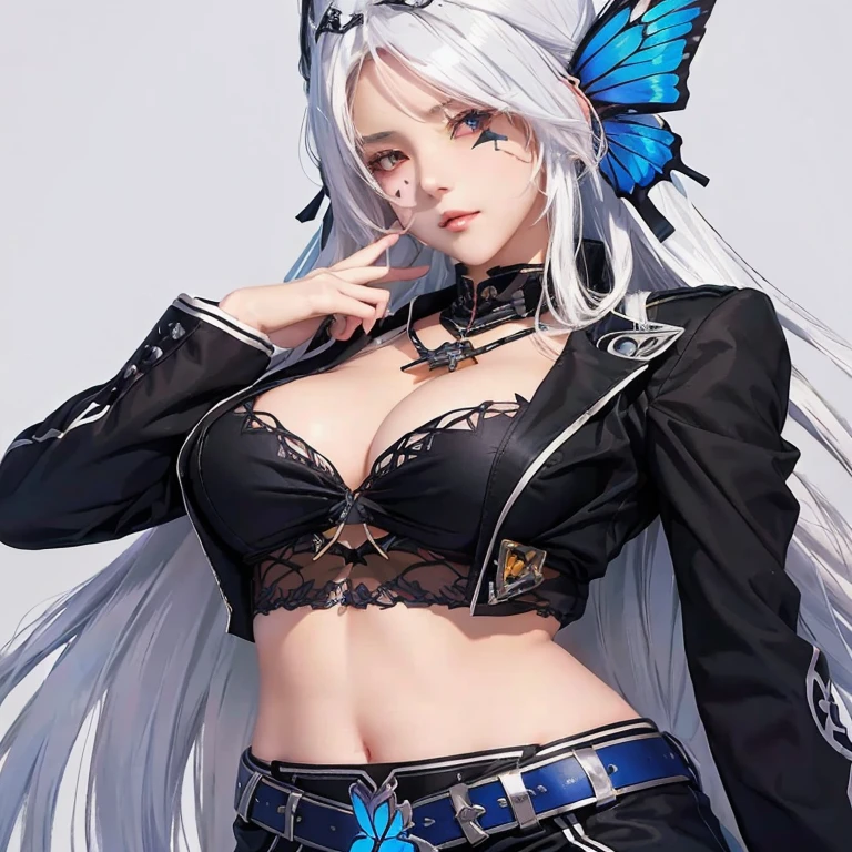anime girl with butterfly wings and a black top, seductive anime girl, tifa lockhart with white hair, cushart krenz key art feminine, from girls frontline, fine details. girls frontline, azur lane style, female anime character, beautiful alluring anime woman, white haired deity, anime woman fullbody art, noire, detailed anime character art, anime goddess