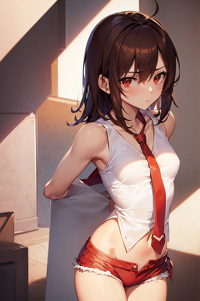 masterpiece, best quality,anime style, 1 girl,(((slender body))), (((small breast))),(((hot pants, white tanktop,red tie))), ((((restrained, arms behind back)))),((((cum)))), (beautiful face), (((medium hair))), (((messy hair))), ((((brown hair)))),detailed beautiful skin, (perfect hands, perfect anatomy)