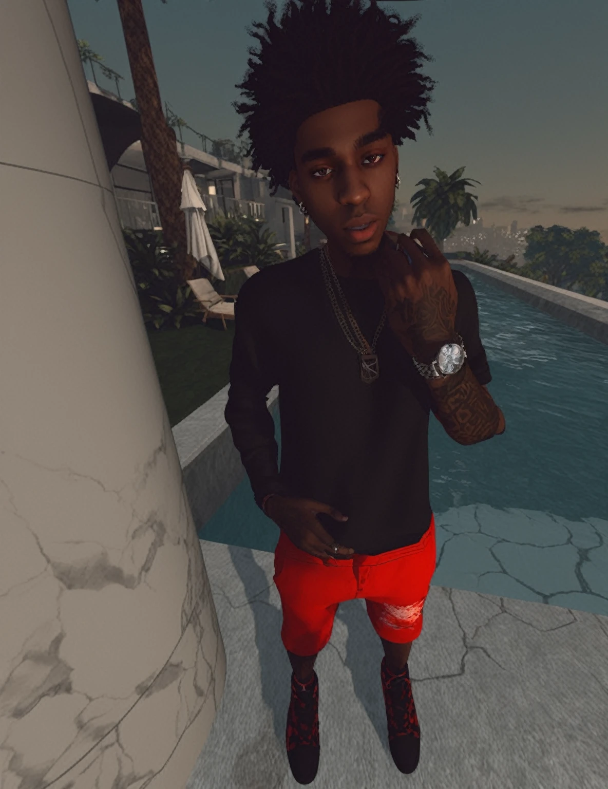 there is a man standing next to a pool with a watch on his wrist, 2 k aesthetic, ((red)) baggy eyes, no hood | | realistic shaded, imvu, in style of tyler mitchell, full body shot hyperdetailed, playboi carti, second life avatar, playboi carti portrait, ( ( dark skin ) )