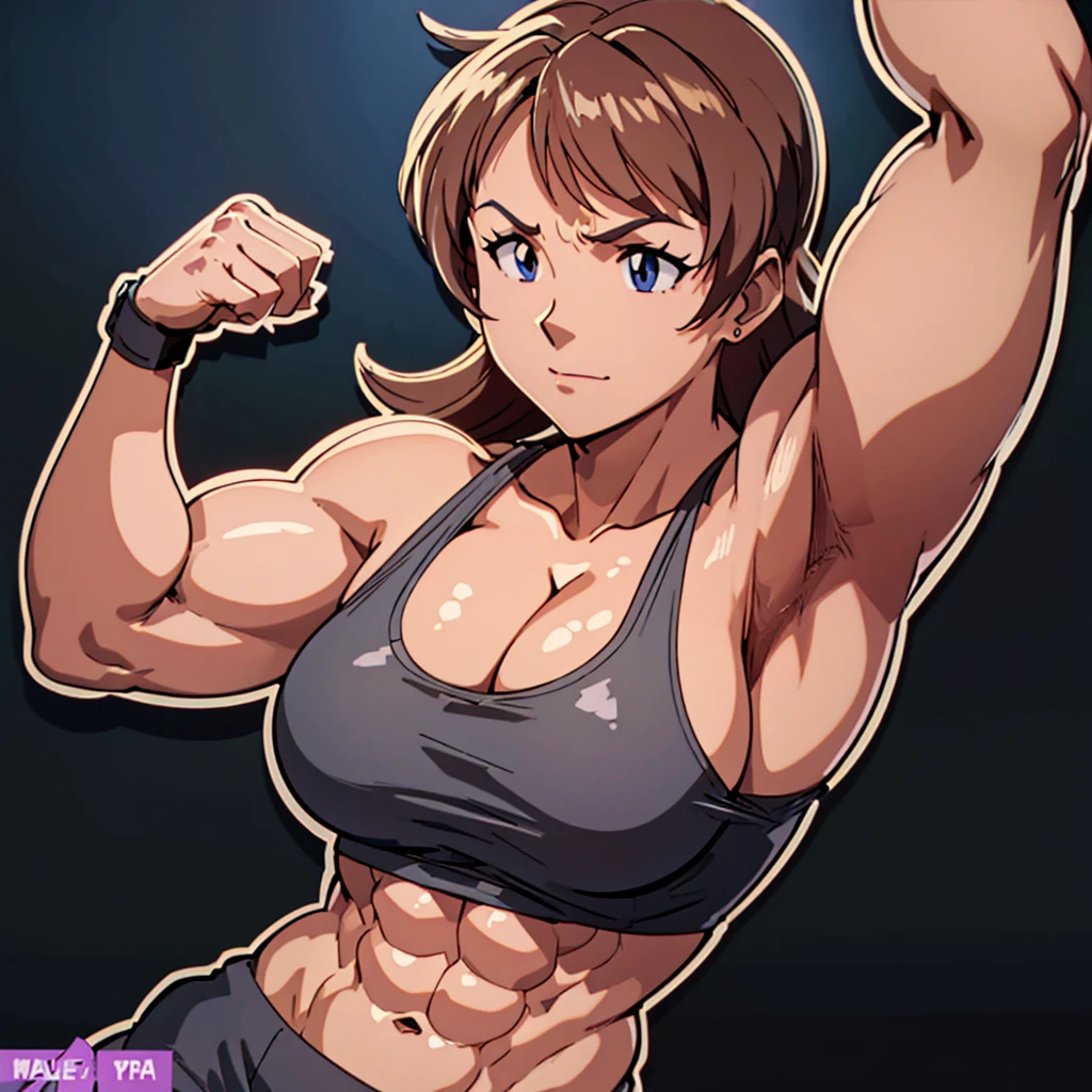 Muscle hypertrophy is significant, especially in the area of the biceps, which are large in size, which may be the result of strength training focused on the expansion of muscle mass. A woman's waist is noticeably narrower in relation to her shoulders, which creates the 'V-taper' effect desired in bodybuilding, i.e. a shape resembling the letter "V" created by the shoulder line leading into a narrow waist. The skin on the arms is smooth and the muscle tone under the skin is clearly visible. Light reflections on the skin suggest that it is smooth and slightly oiled or moist, the 'muscle belly' of the biceps more rounded forms, which may indicate a greater amount of fat tissue, giving the figure a softer and fuller shape Bulk body type well-defined abdominal oblique muscles, 1. **Biceps**: 36 cm in circumference 2. **Chest**: 100 cm circumference 3. **Waist**: 70 cm circumference 4. **Hips**: 95 cm circumference 5. **Thigh**: 60 cm circumference, Tightly tightened breasts with a bypass, evangelion anime style