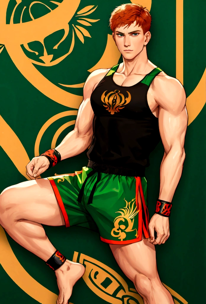 A ginger haired male Muay Thai kickboxer from Italy wearing black tank top and green muay thai short shorts 