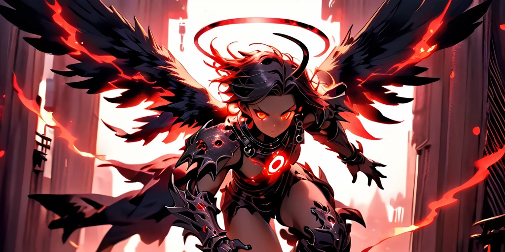 Ancient anime style, artbook, comicbook, RPG, futuristic medieval, steampunk. A dark angel warrior, wearing medieval technological magic armor with glowing magic markings, dynamic pose, full body, human face with glowing magic tribal tattoos with red tones, angel features, black halo with glowing magic markings, magic red stone skin with glowing carved markings, glowing eyes, using a technological magic long spear with glowing magic circuits. In a metropolis of a hellish kingdom with advanced technology, with tall buildings with neon details, mixing technology with magical vegetation, steampunk. Wide scenery, cinematic scene with several layers of depth, dynamics, magical lighting.