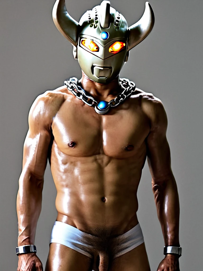 Auction hall in outer space, photo realistic, 35mm films, ultrares, 4k, gay, bara, NSFW, Ultraman Taro, alien, science fiction, futuristic design, Ultraman Taro walks onto a large spotlit stage with his head bowed, naked except for a mask, pale skin, body the same skin color as humans, naked in a bulging white underwear, hairy and skinny 40-year-old body, old scars all over his body, damaged helmet, sadly hanging his head, thick iron collar around his neck, thick chain connected to the collar stretching long behind his back, a large lizard-like alien leading Ultraman Taro by the hand, many furry aliens in the audience