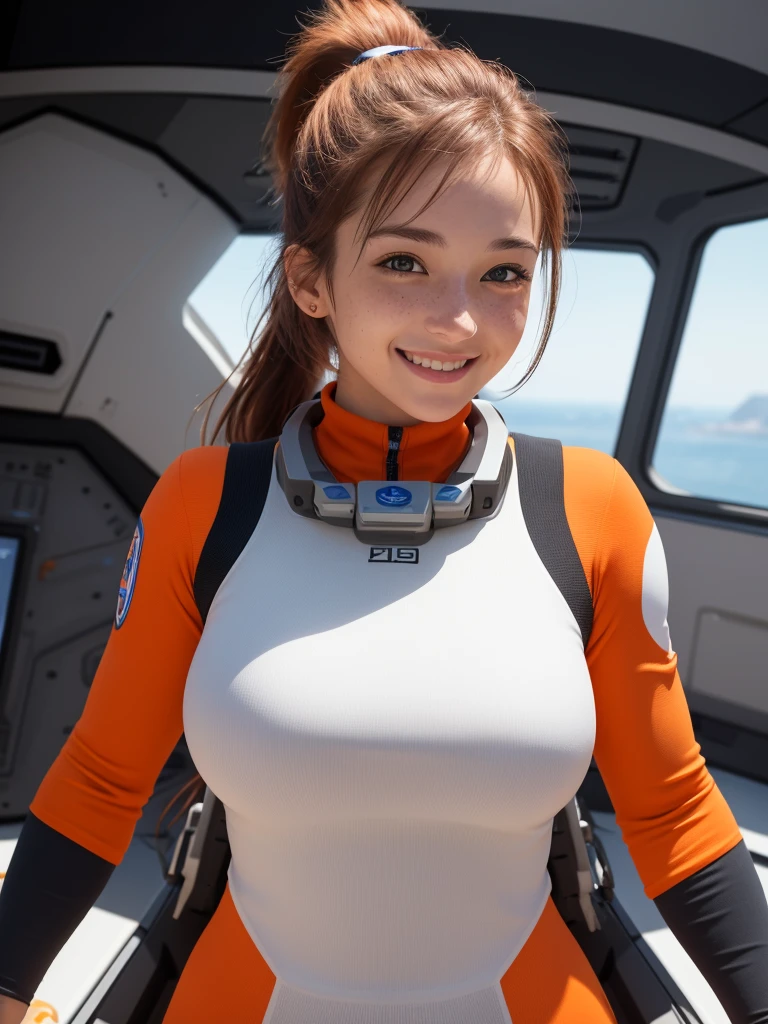 8K, Best quality, Real picture, Intricate details, Ultra-detailed, A high resolution, Depth field,(Photorealistic,Realistic:1.2),masterpiece , From middle , 1girl in, an extremely beautiful 17-year-old french girl, mature looking, perfect glossy shiny skins, Flawless skin, Fair skin, Huge round breasts, Narrow waist, Light blush, Solo, view the viewer, light smile, Smile face, fighter pilot in front of a spaceship, wearing a heavy fireproof orange and white fighter pilot outfit outside of a spaceship, Smile face, angle of view, rough face, freckles, ponytail, fit body, standing, cyberpunk style, apparent breasts, we can see her big round breasts, (((side view))), (((looking at viewer)))