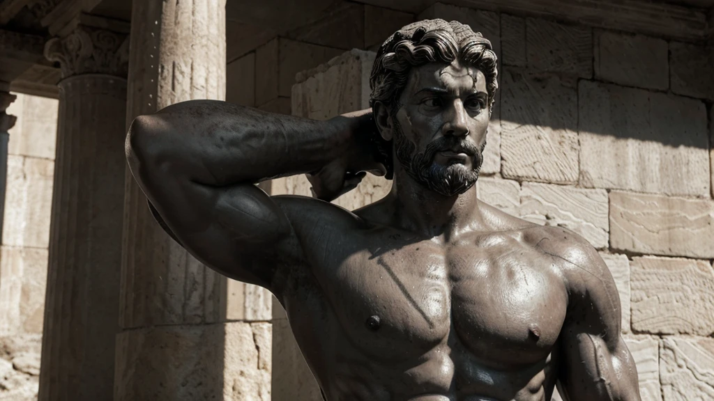 a portrait statue of the stoic Marcus Aurelius in black and white 4K, Super realistic ANCIENT GREEK RUINS, fully body, corpo stark, brawny, stark, wearing no shirt, tronco stark, stark, wearing no shirt, strong arms, 8K, ultra realisitic, cinematographic