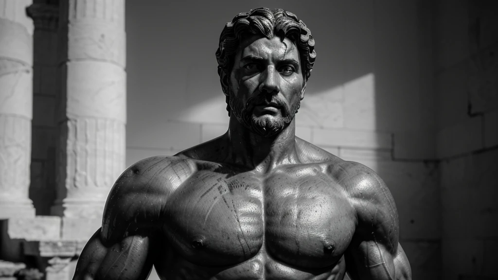 a portrait statue of the stoic Marcus Aurelius in black and white 4K, Super realistic ANCIENT GREEK RUINS, fully body, corpo stark, brawny, stark, wearing no shirt, tronco stark, stark, wearing no shirt, strong arms, 8K, ultra realisitic, cinematographic
