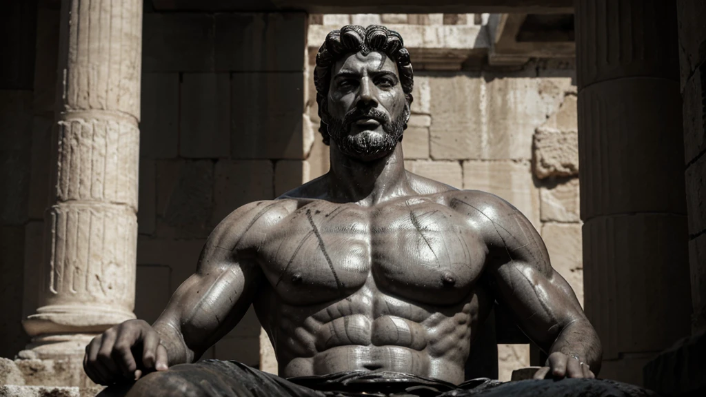 a portrait statue of the stoic Marcus Aurelius in black and white 4K, Super realistic ANCIENT GREEK RUINS, fully body, corpo stark, brawny, stark, wearing no shirt, tronco stark, stark, wearing no shirt, strong arms, 8K, ultra realisitic, cinematographic