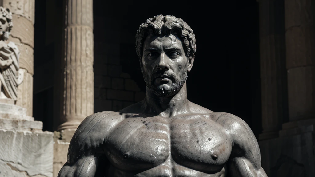 a portrait statue of the stoic Marcus Aurelius in black and white 4K, Super realistic ANCIENT GREEK RUINS, fully body, corpo stark, brawny, stark, wearing no shirt, tronco stark, stark, wearing no shirt, strong arms, 8K, ultra realisitic, cinematographic