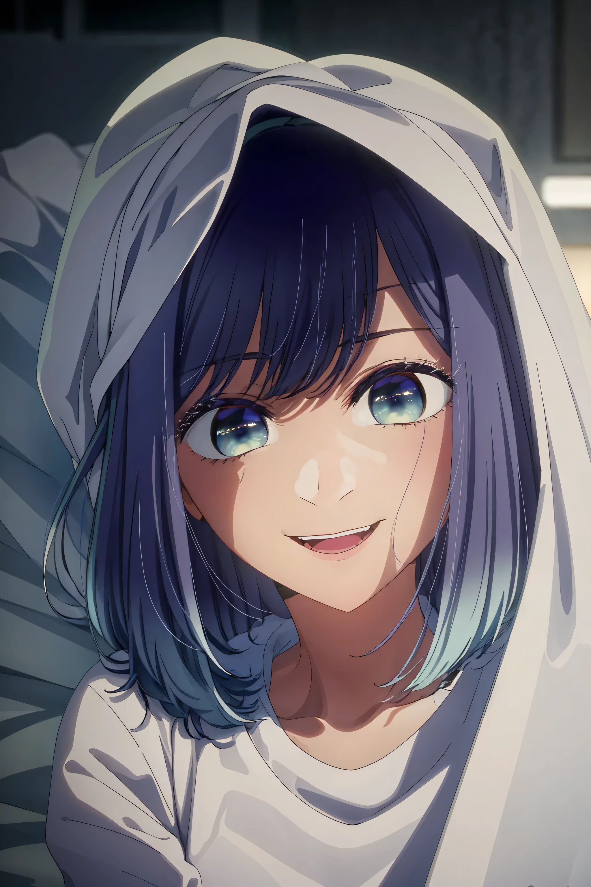 best quality, masterpiece, 1 girl, alone, detailed eyes, very big smile, pajamas, under the sheets, covered by blankets, under the sheets, lights off