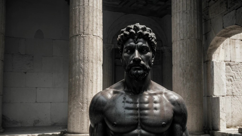 a portrait statue of the stoic Marcus Aurelius in black and white 4K, Super realistic ANCIENT GREEK RUINS, fully body, corpo stark, brawny, stark, wearing no shirt, tronco stark, stark, wearing no shirt, strong arms, 8K, ultra realisitic, cinematographic