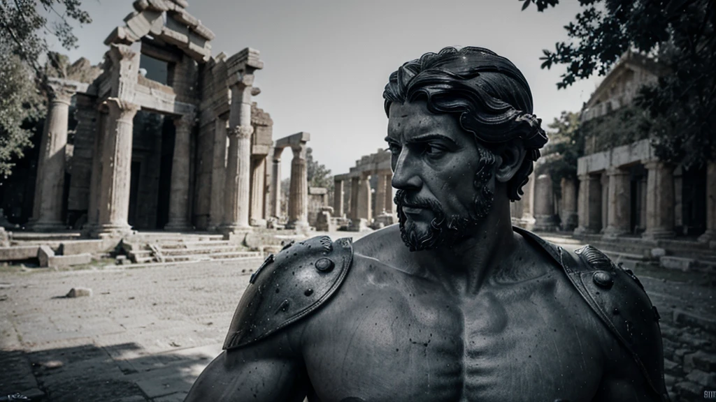 a portrait statue of the stoic Marcus Aurelius in black and white 4K, Super realistic ANCIENT GREEK RUINS, fully body, corpo stark, brawny, stark, wearing no shirt, tronco stark, stark, wearing no shirt, strong arms, 8K, ultra realisitic, cinematographic
