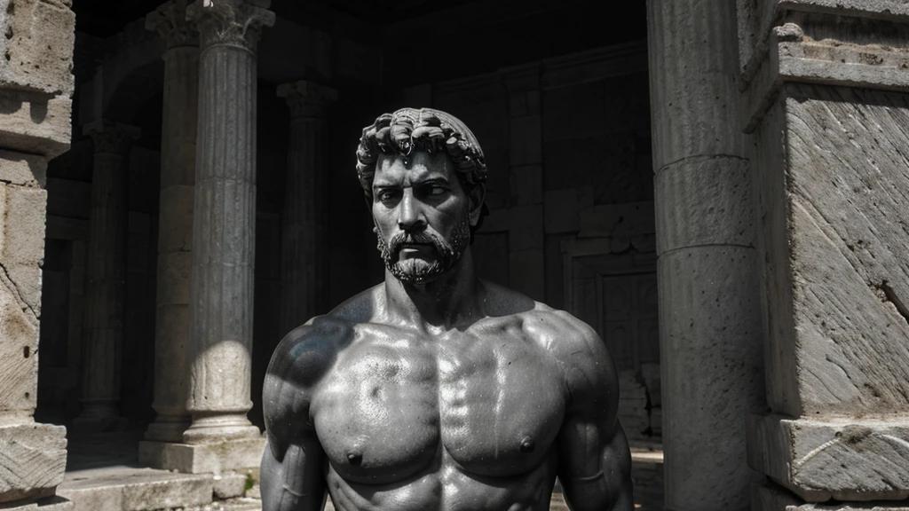 a portrait statue of the stoic Marcus Aurelius in black and white 4K, Super realistic ANCIENT GREEK RUINS, fully body, corpo stark, brawny, stark, wearing no shirt, tronco stark, stark, wearing no shirt, strong arms, 8K, ultra realisitic, cinematographic