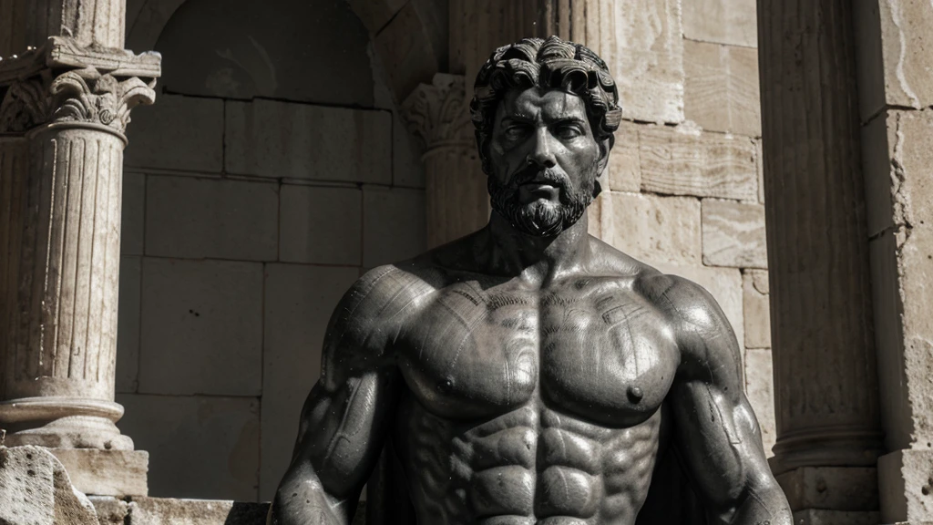 a portrait statue of the stoic Marcus Aurelius in black and white 4K, Super realistic ANCIENT GREEK RUINS, fully body, corpo stark, brawny, stark, wearing no shirt, tronco stark, stark, wearing no shirt, strong arms, 8K, ultra realisitic, cinematographic