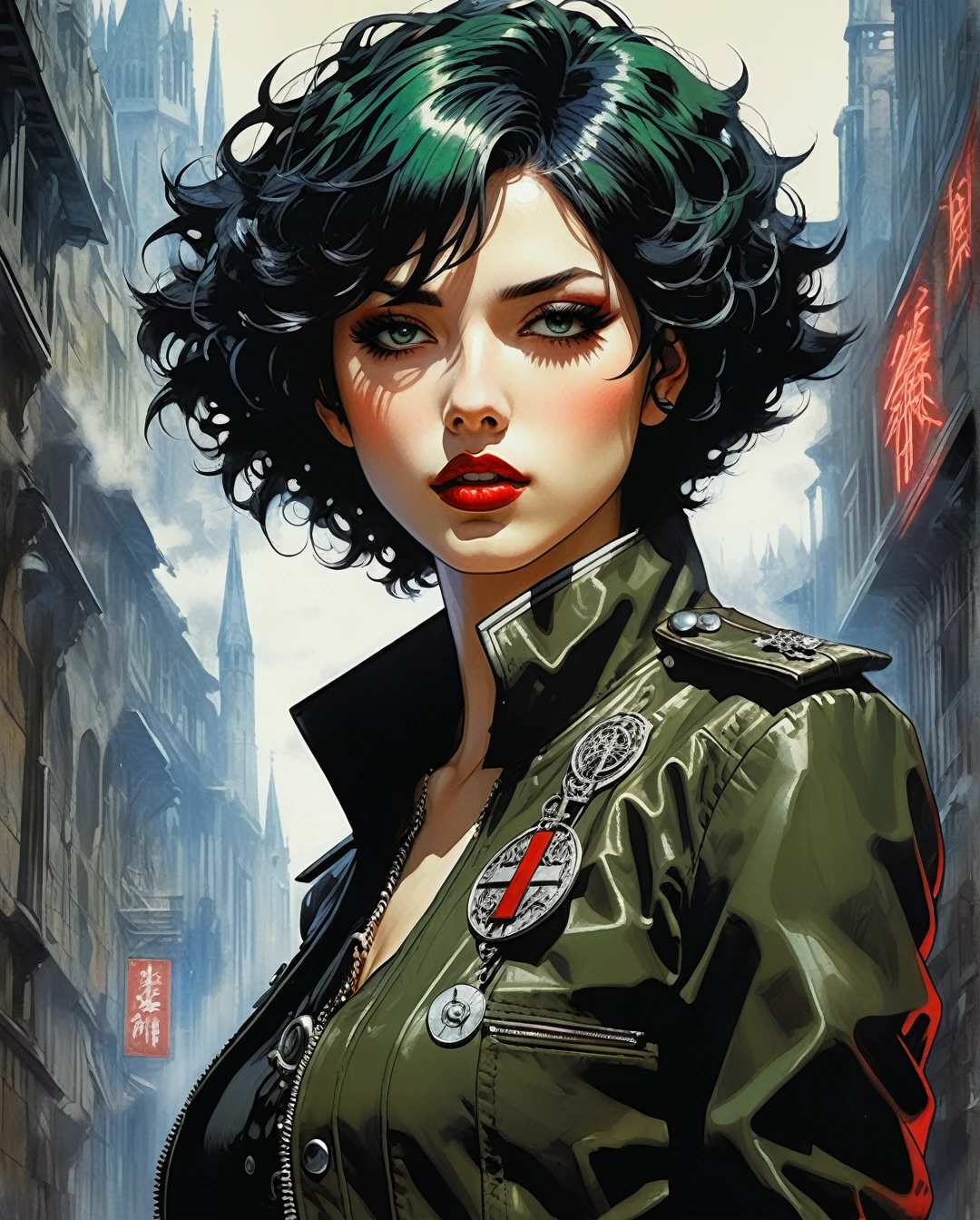 a full-body, high-resolution anime style of a rebellious age female goth with short curly black hair, thin face, intense red lips, gothic fashion, inspired by the works of Yoshiaki Kawajiri, vibrant and edgy, with dramatic lighting and dynamic composition, BREAK, Art style by Yoshiaki Kawajiri and Tsukasa Hojo and Toshihiro Kawamoto - -intricately detailed face - -80s and 90s anime still - -1980s retro anime - -1980s and 1990s anime retro nostalgia -highly detailed profile BREAK, ARISTYLE4, Soft Pastel -depth of field, Cinematic Angles, Dynamic angles, (((masterpiece))), perfect face, ((full body shot)),., cyberpunk, synthwave, 1980s, futurism, brutalism, neuromancer, cinematic photo in Hogwarts, art by Masamune Shirow, art by J.C. Leyendecker,detailed hair, short hair, green hair