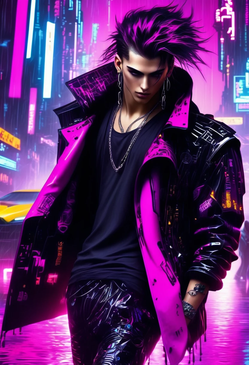 (Masterpiece, Best Quality, high resolution, 32k drive wallpaper, Extremely detailed CG:1), (weak illustration on stage:1.0), ((1 young handsome cyberpunk:1.5 dancing in the rain:1.7 )),(( cyberpunk night city:1.4)), neon signs futuristic cars,dark place rain, ((wet clothes magenta neon lights perfectly illuminating the young man:1.45) . 32k