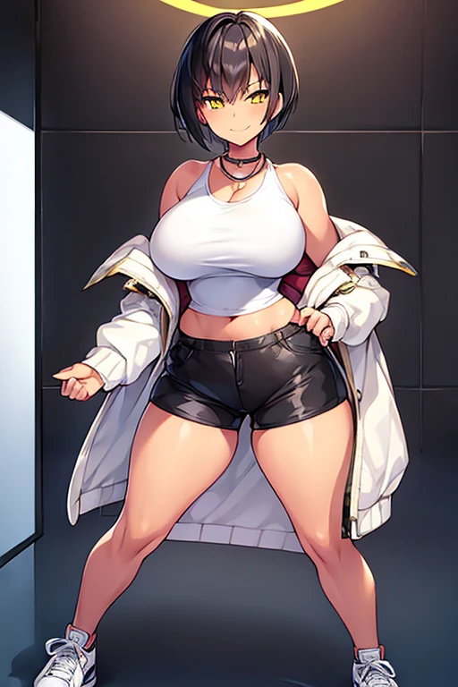 1girl, spiked hair, very short hair, yellow eyes, tan, tan skin, tan-skinned female, black hair, pixie cut, large breasts, hourglass figure, thick thighs, smile, smirk, smug, toned, white shirt, jacket, sneakers, black jacket, shirt, short pants, shorts, standing, full body