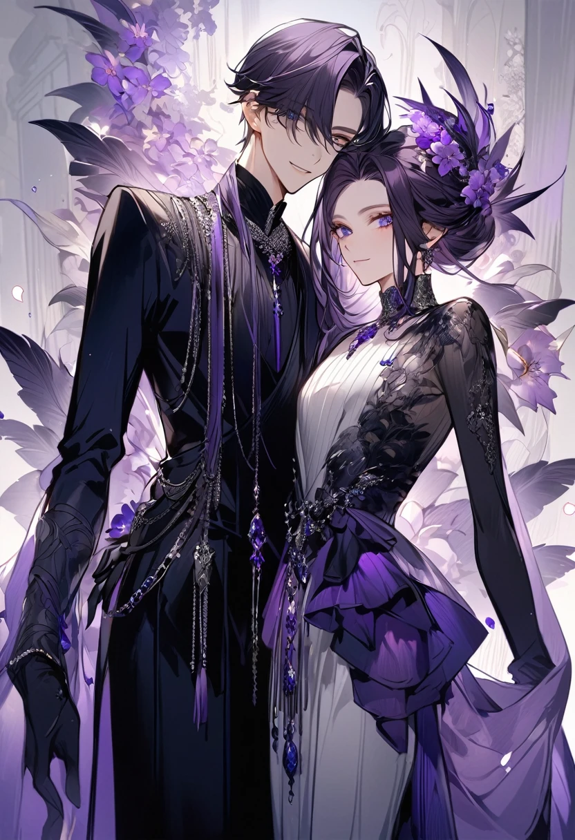 Feminine boy, soft womanish facial features, smile, squinted siren dark blue eyes without glare, silver and dark purple long loose hair with straight bang, fantasy black clothes with blue and purple elements, long black gloves, model, gorgeous, elegant, lots of silver jewelry, flowers in his hair, skinny body
