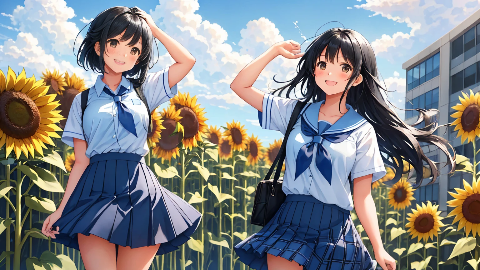 The background is a midsummer blue sky, cumulonimbus clouds and sunflowers.、In a large schoolyard, a high school girl is standing in a summer uniform with a checked skirt, looking up at the sky with a cute pose and a refreshing smile that exudes the atmosphere of youth.、Her long black hair is fluttering in the summer breeze.