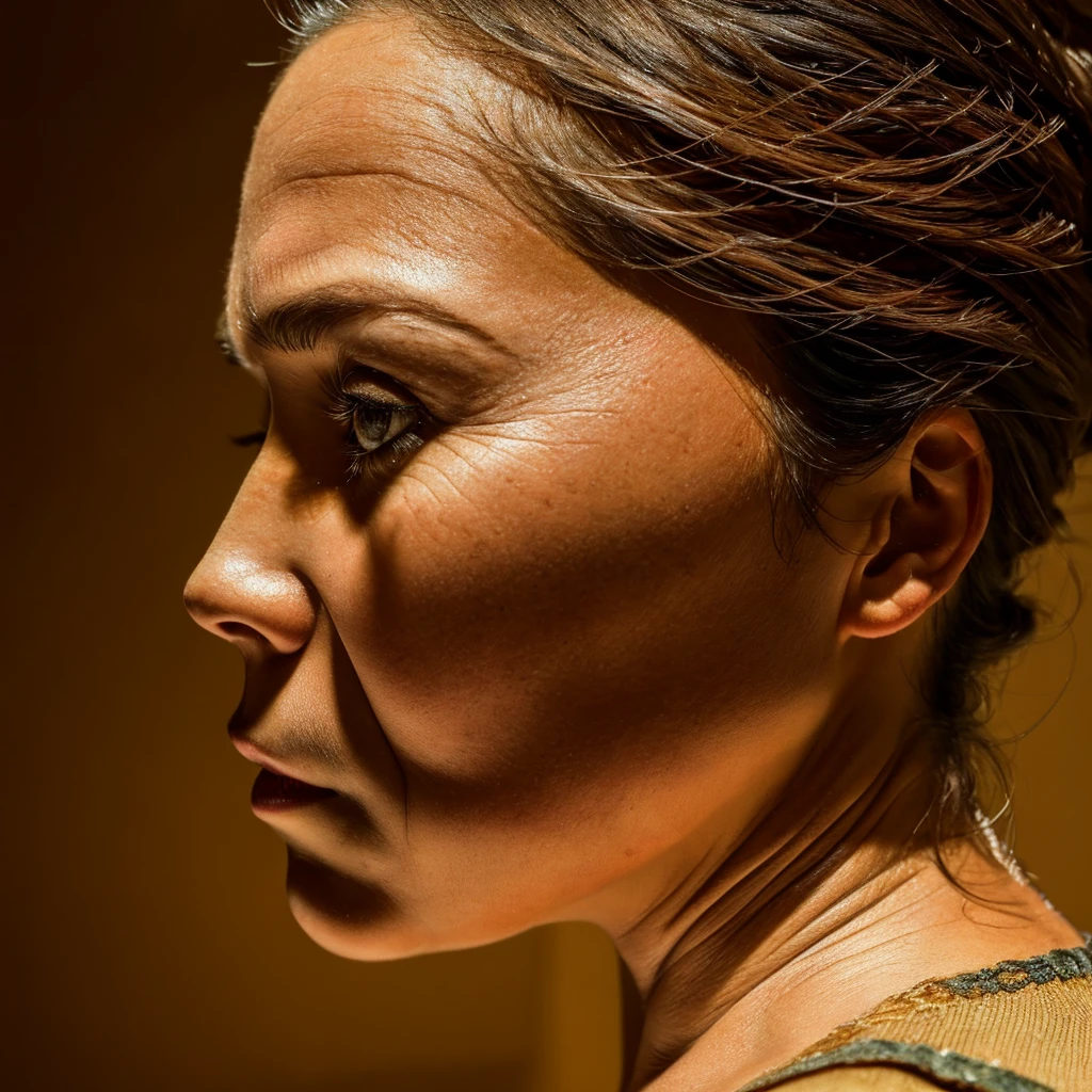 A middle-aged mother, beautiful detailed eyes, beautiful detailed lips, extremely detailed eyes and face, long eyelashes, introspective expression, low angle view, profile, natural lighting, warm color tones, oil painting, cinematic composition, chiaroscuro, dramatic shadows, photorealistic, highly detailed, 8K, best quality, masterpiece
