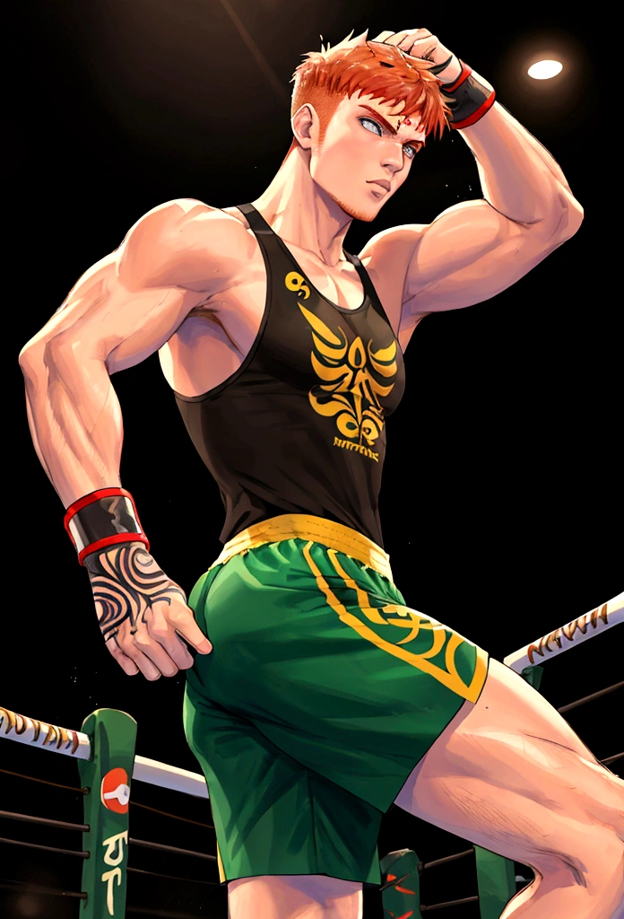 A ginger haired male Muay Thai kickboxer from Italy wearing black tank top and green muay thai short shorts 