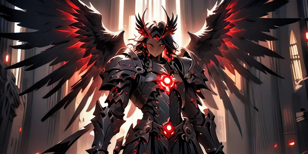 Ancient anime style, artbook, comicbook, RPG, futuristic medieval, steampunk. A dark angel warrior, wearing medieval technological magic armor with glowing magic markings, dynamic pose, full body, human face with glowing magic tribal tattoos with red tones, angel features, black halo with glowing magic markings, magic red stone skin with glowing carved markings, glowing eyes, using a technological magic long spear with glowing magic circuits. In a metropolis of a hellish kingdom with advanced technology, with tall buildings with neon details, mixing technology with magical vegetation, steampunk. Wide scenery, cinematic scene with several layers of depth, dynamics, magical lighting.