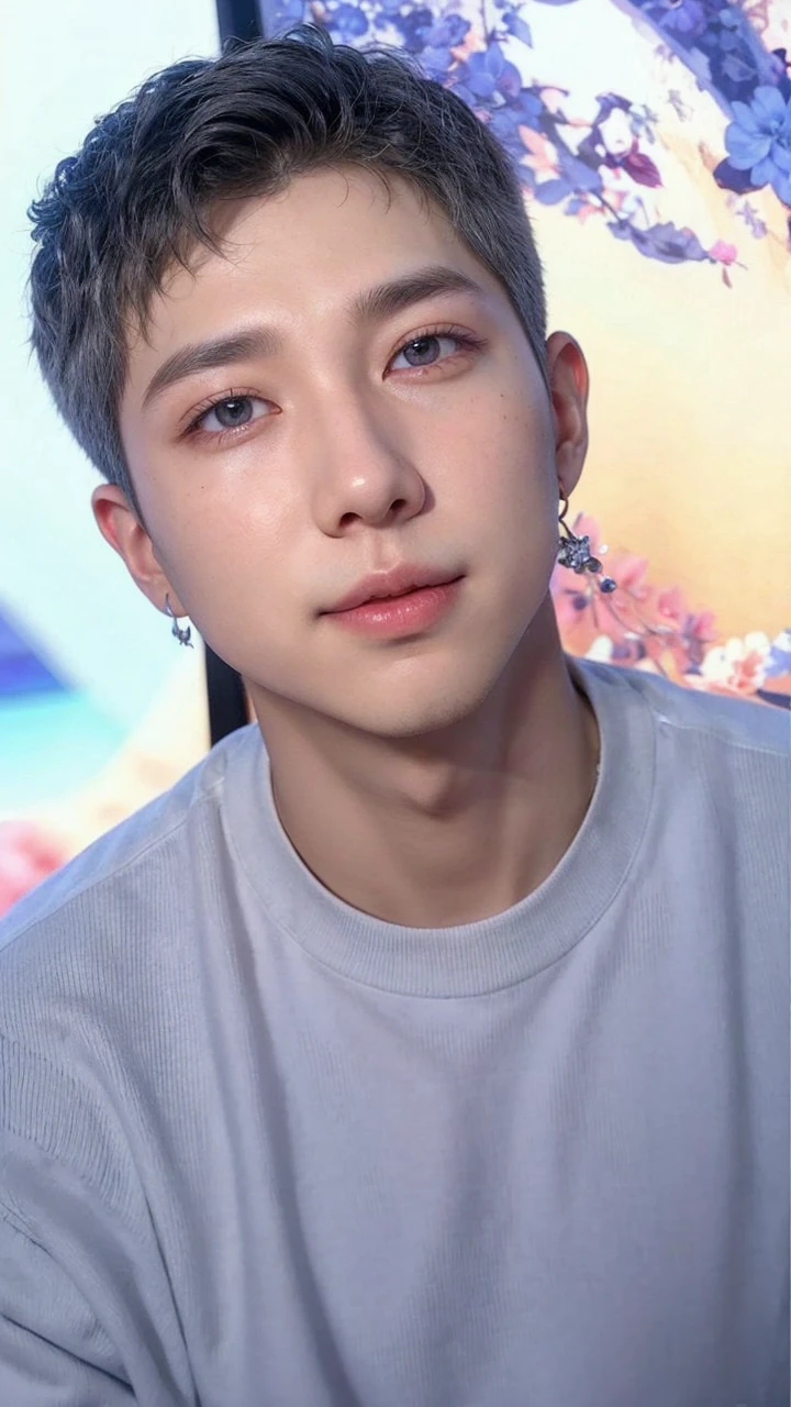 Kim Namjoon BTS member white shirt silver chain necklace with silver dagger pendant amber eyes dimples on cheeks