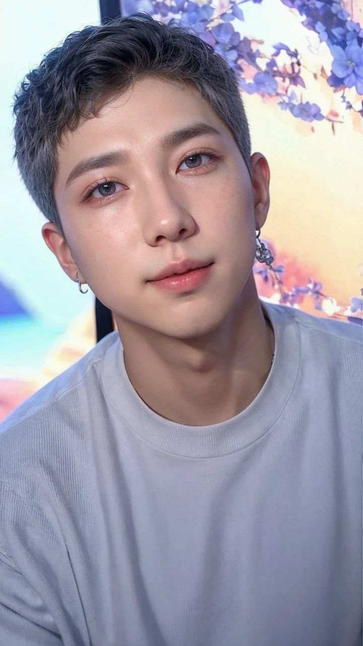 Kim Namjoon BTS member white shirt silver chain necklace with silver dagger pendant amber eyes dimples on cheeks