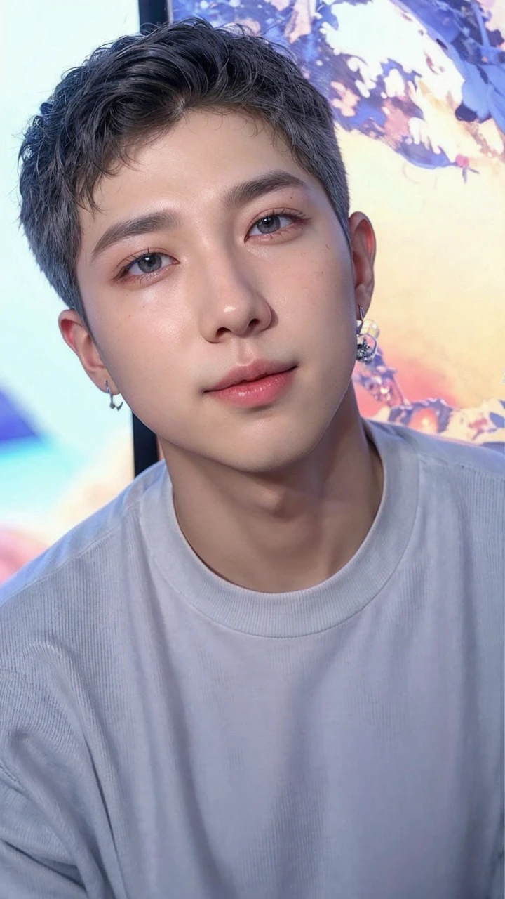 Kim Namjoon BTS member white shirt silver chain necklace with silver dagger pendant amber eyes dimples on cheeks