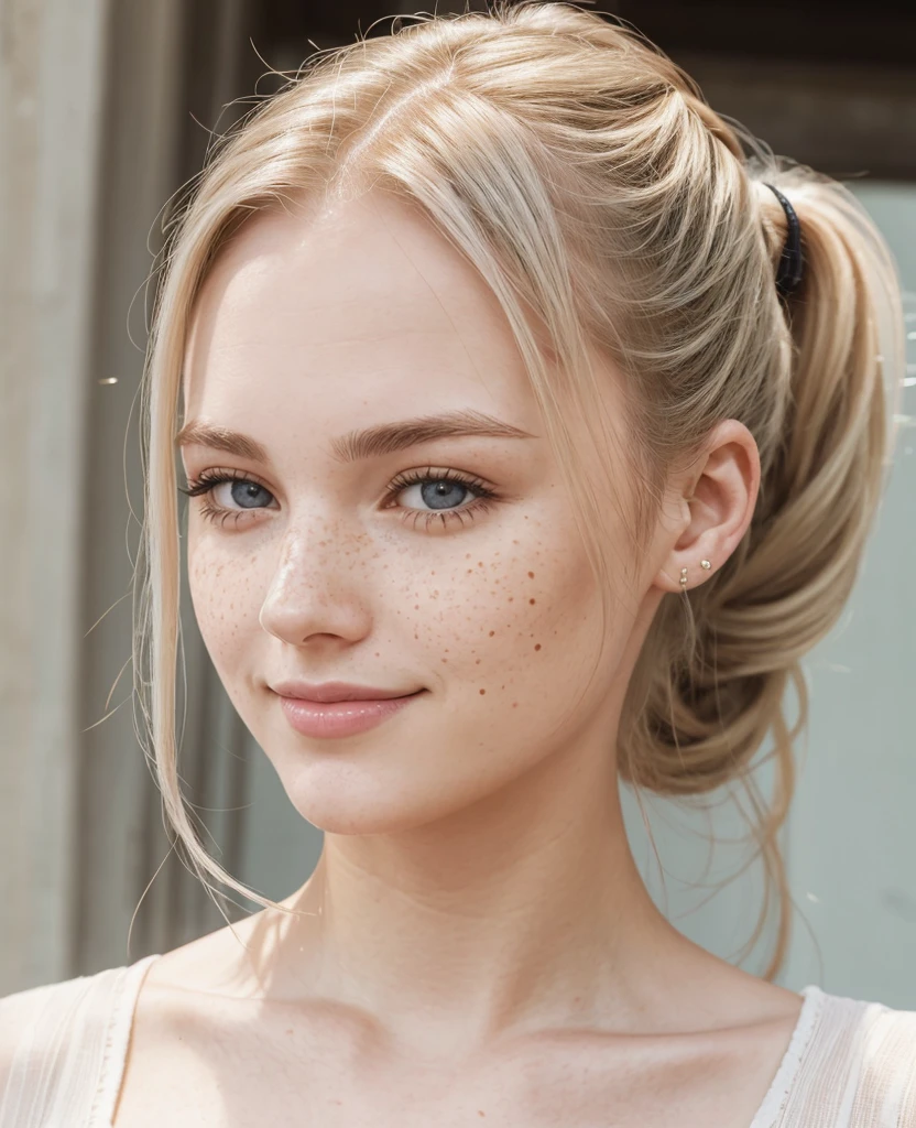 Face of a woman, americana, age 25, pale skin and freckles, gray eyes, delicate nose, soft and delicate lips, cabelo blondie cinza ponytail, sweet smile,