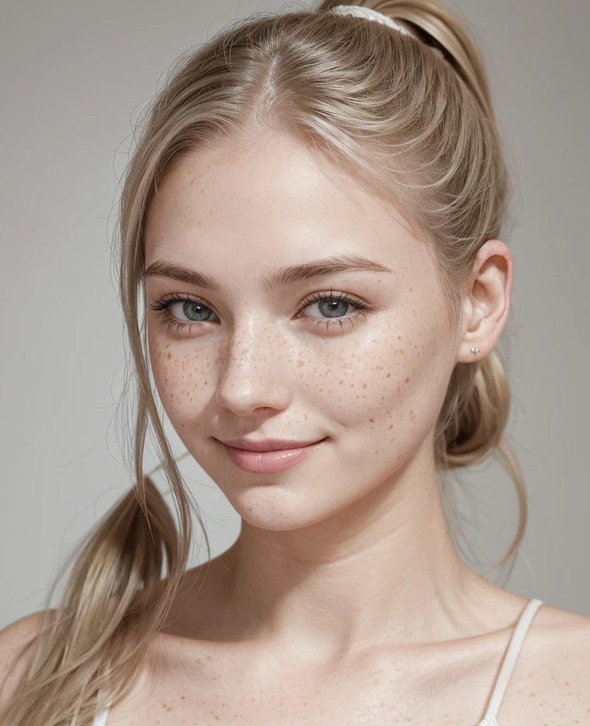 Face of a woman, americana, age 25, pale skin and freckles, gray eyes, delicate nose, soft and delicate lips, cabelo blondie cinza ponytail, sweet smile,