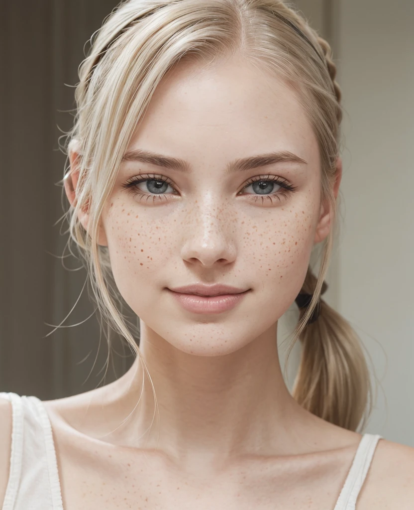 Face of a woman, americana, age 25, pale skin and freckles, gray eyes, delicate nose, soft and delicate lips, cabelo blondie cinza ponytail, sweet smile,