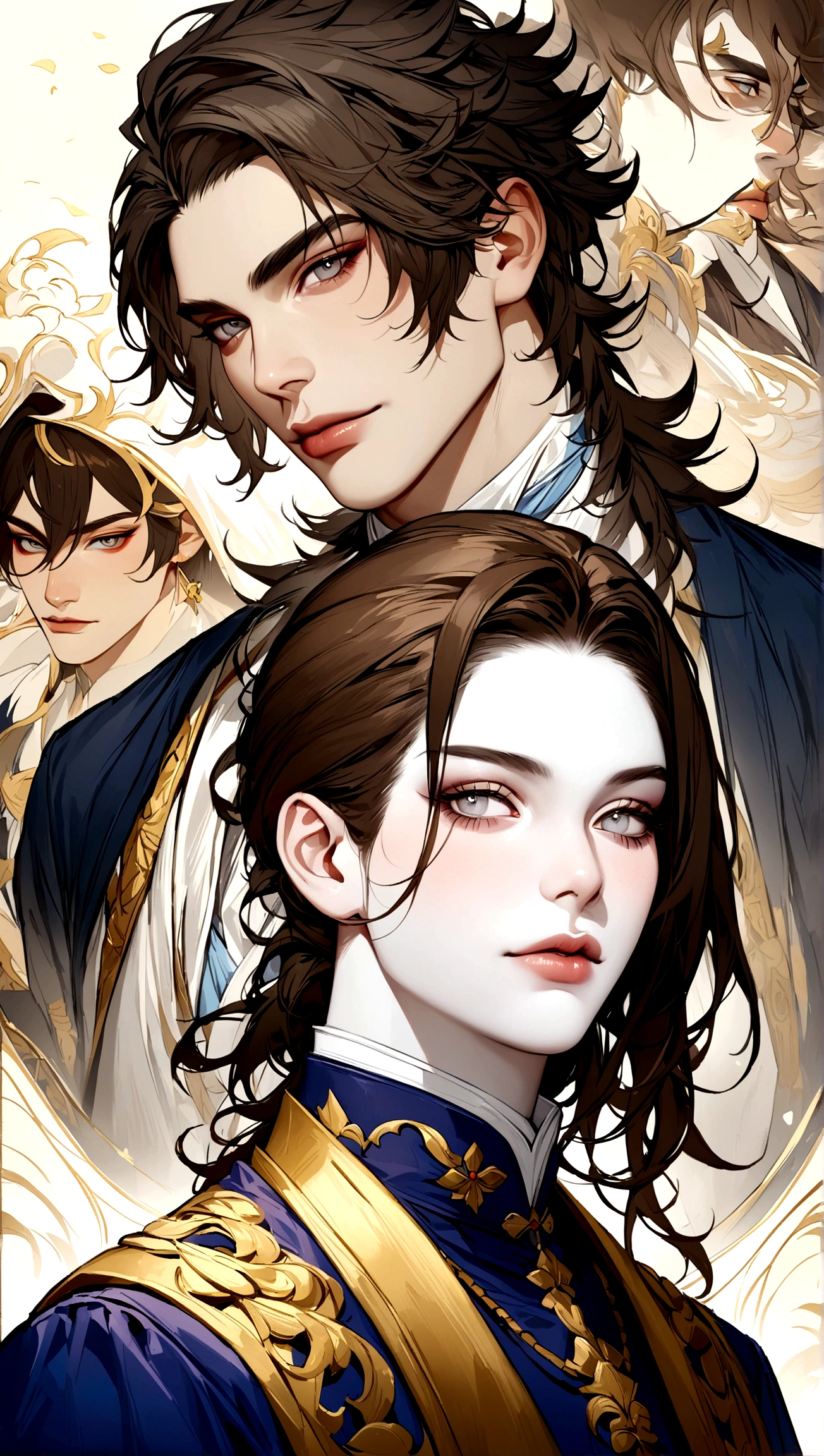 a close up of a person in a suit blue suit with golden details (pale skin dark brown hair and grey eyes), delicate androgynous prince, beautiful androgynous prince, caleb from critical role, highly detailed exquisite, handsome guy in demon slayer art, highly detailed character, hyperdetailed fantasy character, handsome male vampire, wolfgang lettl highly detailed, detailed character portrait, official character art, handsome stunning realistic